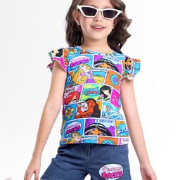 Ollington St. Disney Single Jersey Knit Cap Sleeves Top & Denim Shorts Set With Disney Princess Print - Multicolor-image-72