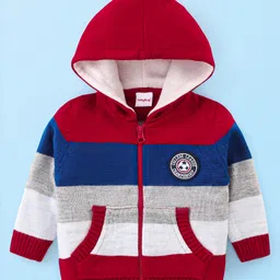 Babyhug Knitted Full Sleeves Hooded Front Open Sweater with Colour Block Design & Patch Applique - Red-picture-24
