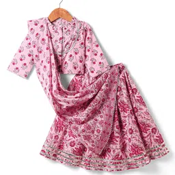 Babyhug Cotton Woven Three Fourth Sleeves Cambric Choli Lehenga Set And Dupatta with Floral Print - Pink-picture-17