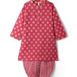 Babyhug Cotton Woven Full Sleeves Kurta Dhoti Set with Cambric Dhari & Floral Print -Red-picture-36