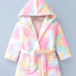 Babyhug Velour Knit Full Sleeves Hooded Bath Robe With Tie & Dye Print & Elastic on Waist - Multicolor-picture-13