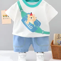Googo Gaaga Cotton Half Sleeves Teddy Bear & Text Printed Tee With Shorts Set - White-picture-21