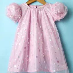 Saka Designs Woven Half Sleeves Party Frock With Foil Polka Dot Print - Pink-picture-10