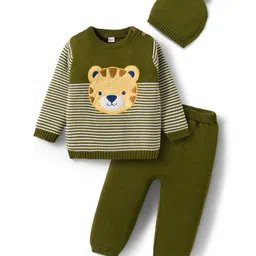 Babyhug Organic Cotton Knitted Full Sleeves Pullover Sweater Set With Tiger Embroidery & Cap - Olive Green image 1
