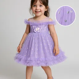 Babyhug Woven Sleeveless Fit and Flare Ruffled Dress with Foil Print & Butterfly Applique - Lavender-picture-18