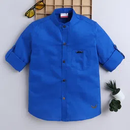 BAATCHEET Oxford Cotton Woven Full Sleeves Solid Shirt With Moustache Brooch - Blue-image-0