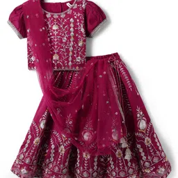 Babyhug Woven Half Sleeves Choli Lehenga & Dupatta Set With Floral Embroidery - Fuchsia-picture-27