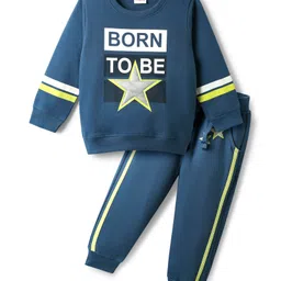 Babyhug 100% Cotton Knit Full Sleeves Text Printed T-Shirt & Lounge Pant Set - Navy Blue-picture-27
