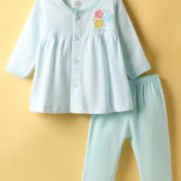 Zero Sinker Knit Full Sleeves Night Suit With Floral Print - Sea Green-picture-22