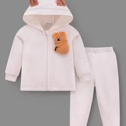 Mark & Mia Cotton Full Sleeves Hooded Winter Wear Suits Set With Bear Applique - Offwhite image 1