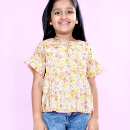 Kiddopanti Georgette Woven Half Bell Sleeves Floral Printed Top - White & Yellow-picture-10