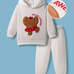 Mark & Mia Full Sleeves Winter Wear Hooded T-Shirt & Joggers Set With Teddy Applique - White-picture-15