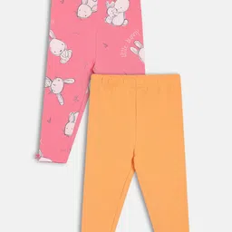 MINI KLUB Cotton Knit Pack Of 2 Solid & Cute Baby Bunny Printed Leggings - Orange & Pink image 1