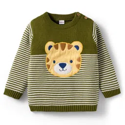Babyhug Organic Cotton Knitted Full Sleeves Pullover Sweater Set With Tiger Embroidery & Cap - Olive Green image 2