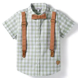toffyhouse Toffy House Cotton Knit Half Sleeves Shirt with Suspenders Attached & Shorts Set with With Bow & Checks - Brown & Mint image 2