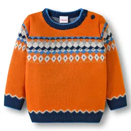 Babyhug Knit Full Sleeves Sweater Set With Aztec Design - Orange & Navy Blue image 2