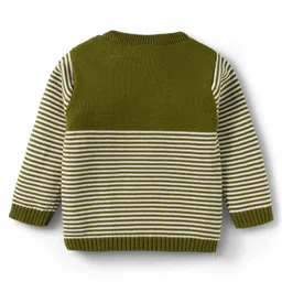 Babyhug Organic Cotton Knitted Full Sleeves Pullover Sweater Set With Tiger Embroidery & Cap - Olive Green image 3