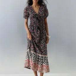 Bombay Paisley by Westside Black Floral Design Cotton Tiered Dress-picture-10