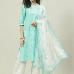 Biba Aqua Blue Woven Pattern Kurta and Pant with Dupatta image 5