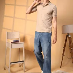 Campus Sutra Beige Regular Fit Self Pattern Polo T-Shirt image 5