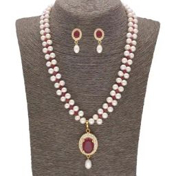 Sri Jagdamba Pearls Timeless Elegance Red & Pearl White Necklace and Earring Set-picture-48