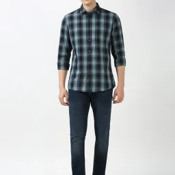 Peter England Blue Cotton Slim Fit Checks Shirt image 5