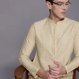 Manyavar Men Beige Embroidered Regular Thread Work Kurta with Pyjamas-picture-32