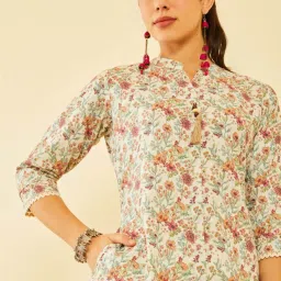 Soch Off White Poly Cotton Floral Printed Straight Kurta With Tassels image 5