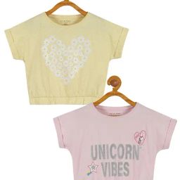 Plum Tree Kids Yellow & Pink Printed Crop Top (Pack Of 2)-picture-2