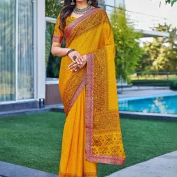 Satrani Turmeric Yellow Printed Saree With Unstitched Blouse-image-97