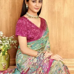 Satrani Pink Silk Crepe Floral Saree With Unstitched Blouse image 2