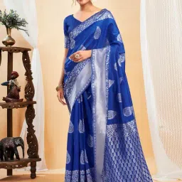 Satrani Blue Silk Blend Woven Saree With Unstitched Blouse-image-94