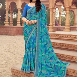 Satrani Blue Chiffon Printed Saree With Unstitched Blouse-image-54