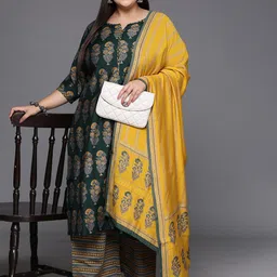 EXTRA LOVE BY LIBAS Plus Size Women Floral Printed Regular Kurta with Palazzos &  Dupatta image 1