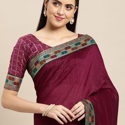 Mitera Maroon Solid Zari Saree-picture-3