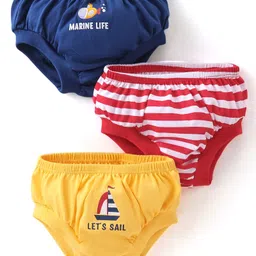 Doodle Poodle 100% Cotton Stripes & Marine Life Printed Briefs Pack of 3 -Navy Red & Yellow-image-19