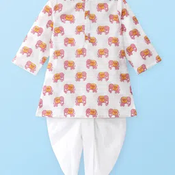 Babyhug Cotton Full Sleeves Kurta Dhoti Set Elephant Print - White-image-51