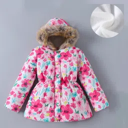 Kookie Kids Full Sleeves Padded Hooded Jacket with Floral Print & Pockets - Pink & Blue-image-70