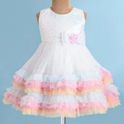 Babyhug Woven Sleeveless Fit and Flare Sequinned Mesh Party Frock with Frill Details At Hem -Multicolor-picture-15