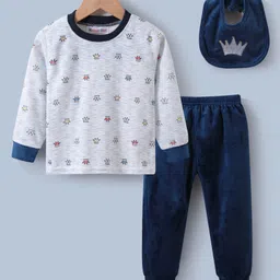 Kookie Kids Full Sleeves Winter Wear Suit with Bib Crown Print- White & Navy Blue-image-94