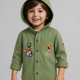 Babyhug Cotton Woven Full Sleeves Hooded Shirt with Text Patch - Olive Green-image-65