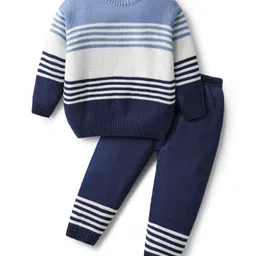 Babyhug Knit Full Sleeves Sweater Set With Stripes - Navy Blue-picture-26