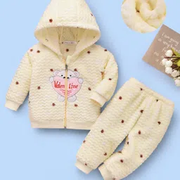 Mark & Mia Full Sleeves Winter Wear Hooded Night Suit With Animal Embroidery - Yellow image 1