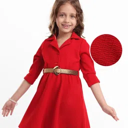Hola Bonita Knit Three Fourth Sleeves Textured Solid Shirt Dress with Belt - Red-picture-22