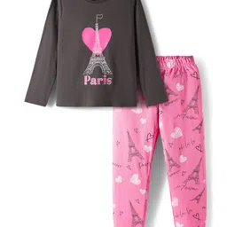 Primo Gino Cotton Knit Full Sleeves Night Suit With Eiffel Tower Print - Charcoal Grey & Pink-picture-34