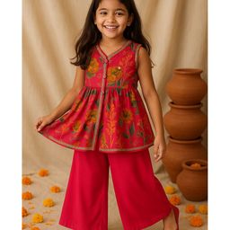 Tales & Stories Viscose Woven Sleeveless Floral Printed & Gota Lace Embellished Kurti & Palazzo Set - Pink-picture-30