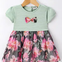 Wonderchild Half Sleeves Bow Applique Detailed & Floral Printed Knee Length Dress - Olive Green-picture-21