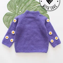 Woonie Hand Knit Full Sleeves Floral Designed Crochet Sweater - Purple-image-72
