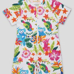 Spunkies Cotton Woven Half Sleeves Animals & Jungle Printed Jumpsuit - White-picture-31