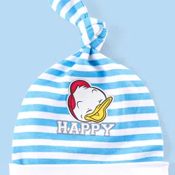 Babyhug Disney Interlock Knit Striped Caps with Knit Detailing & Donald Duck Graphics Pack of 3 - White Blue & Red image 2